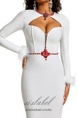 Rhinestone Cut-Out Feather Midi Dress in white