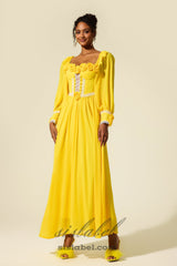 Chiffon 3D Flower Long Sleeve Midi Dress in yellow