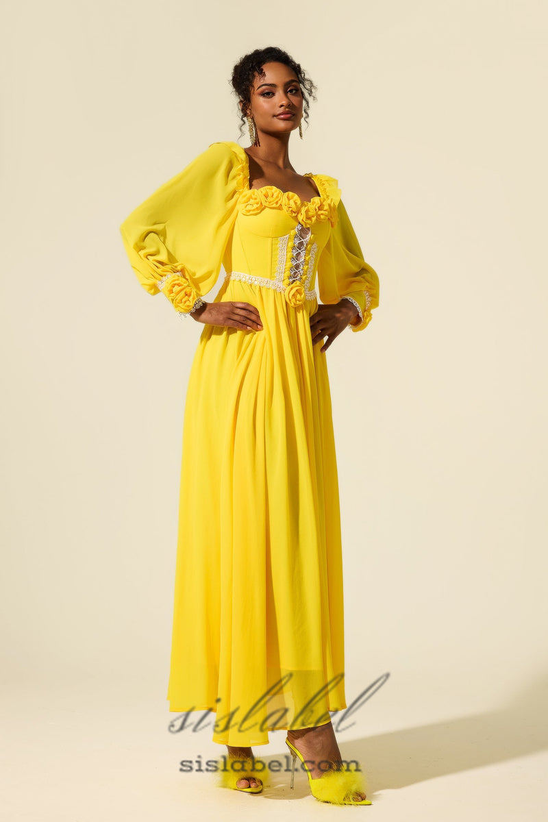 Chiffon 3D Flower Long Sleeve Midi Dress in yellow