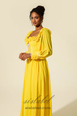 Chiffon 3D Flower Long Sleeve Midi Dress in yellow