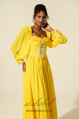 Chiffon 3D Flower Long Sleeve Midi Dress in yellow