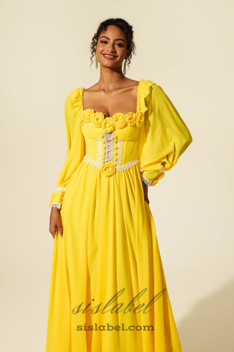 Chiffon 3D Flower Long Sleeve Midi Dress in yellow