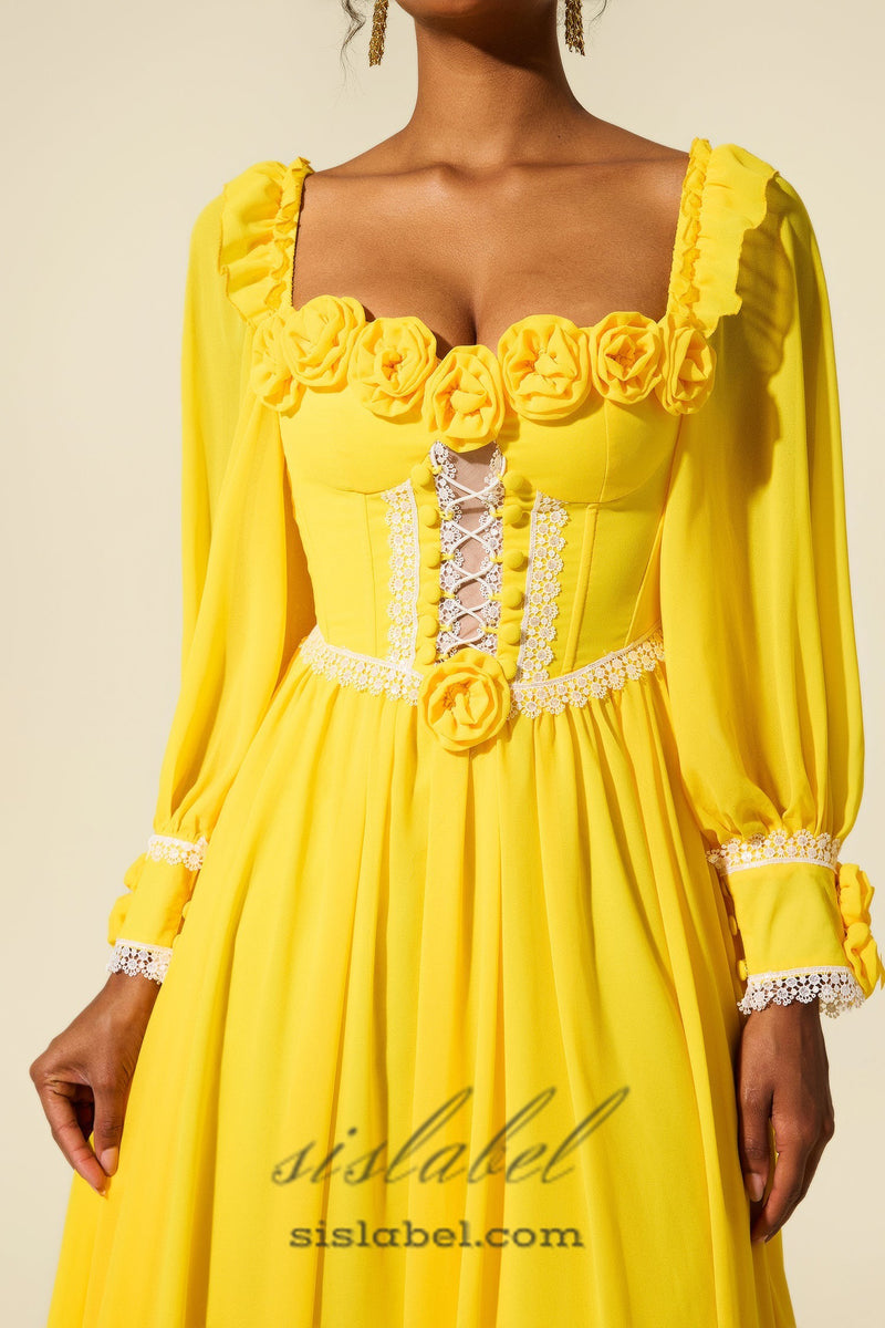 Chiffon 3D Flower Long Sleeve Midi Dress in yellow