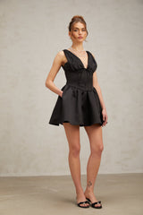 Jeanne black V-neck flared mini dress