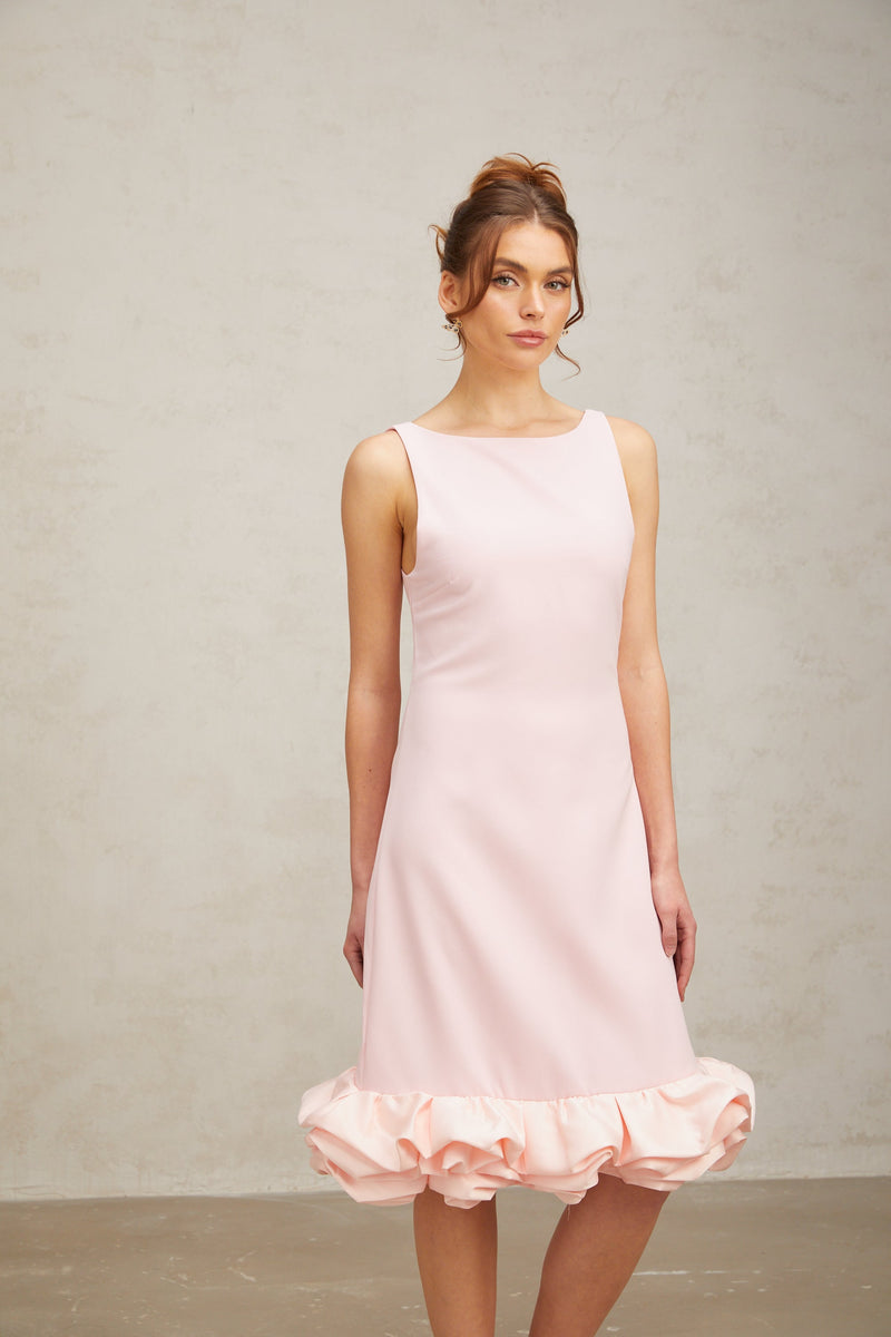 Charlène pink ruffled sleeveless midi dress