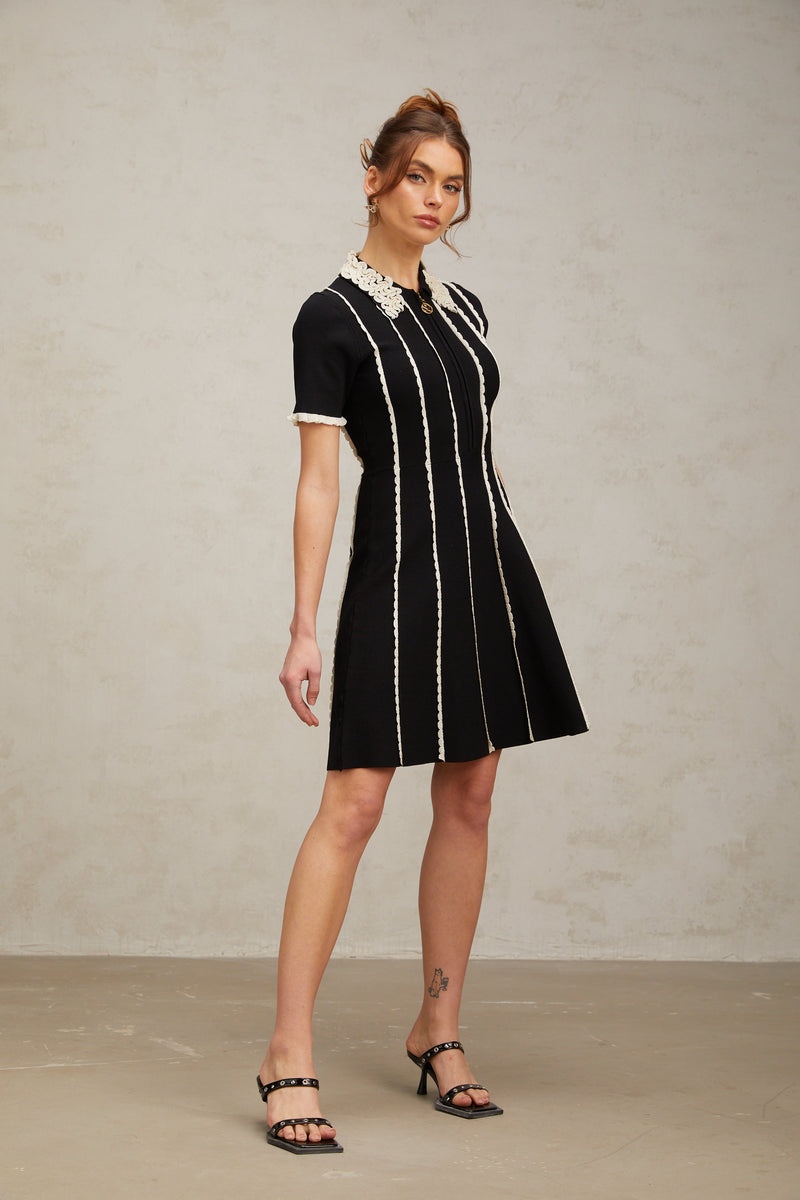 Zazie black vertical-striped ruffle-trim knit mini dress