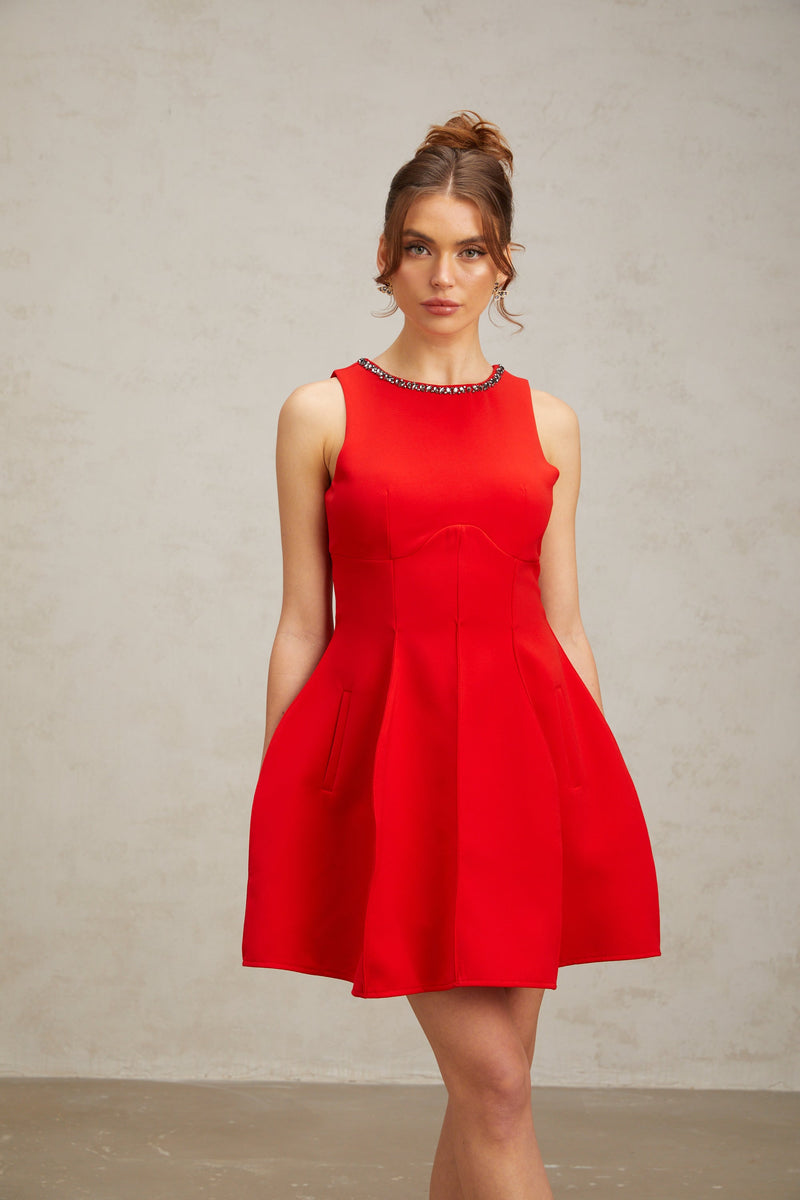 Katie red crystal-embellished puff mini dress