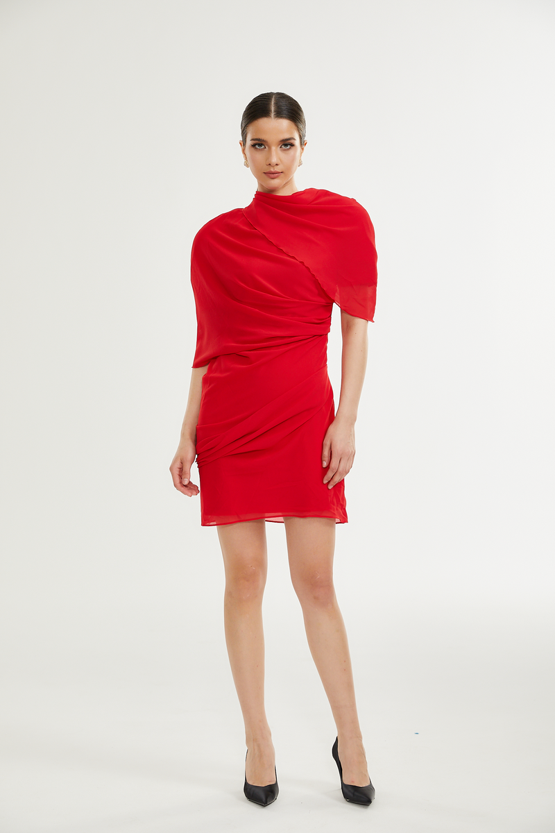 CLARABELLE RUCHED DRAPED MINI DRESS IN RED