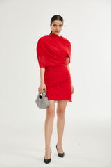 CLARABELLE RUCHED DRAPED MINI DRESS IN RED