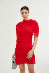 CLARABELLE RUCHED DRAPED MINI DRESS IN RED