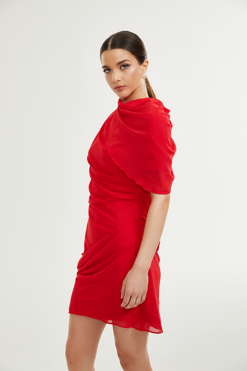 CLARABELLE RUCHED DRAPED MINI DRESS IN RED