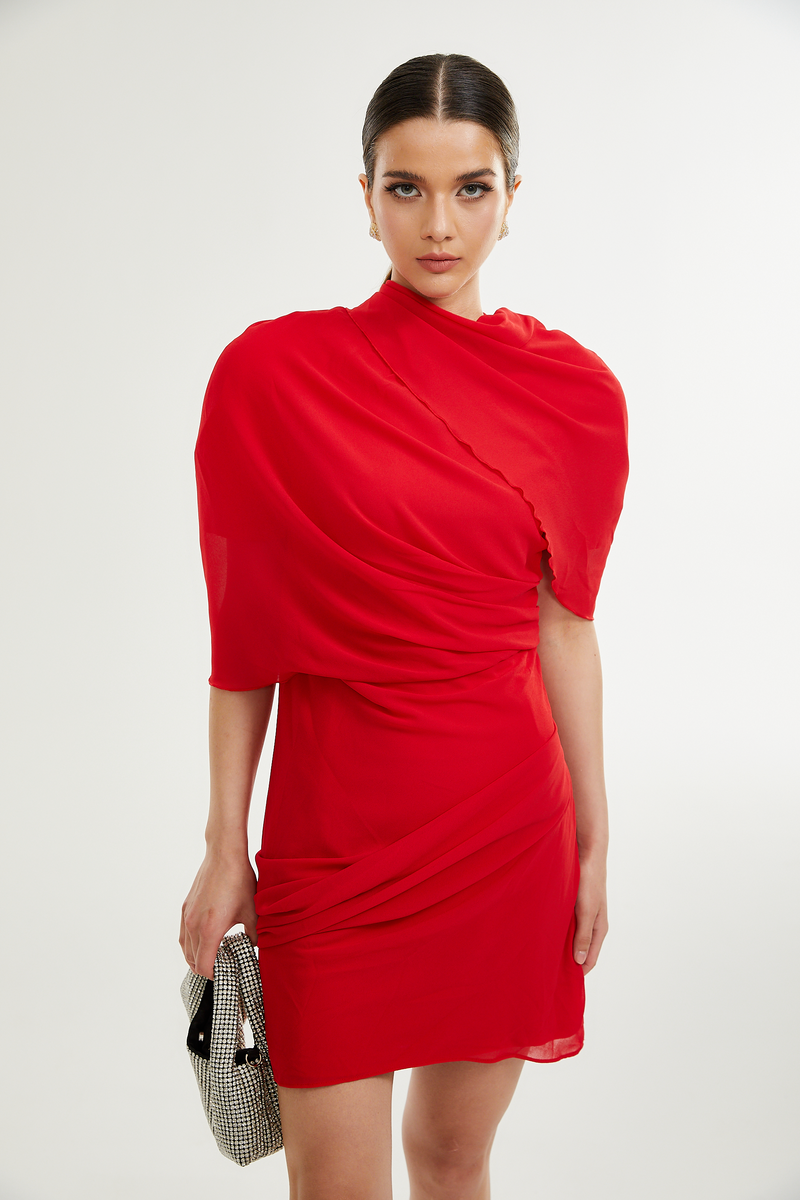 CLARABELLE RUCHED DRAPED MINI DRESS IN RED