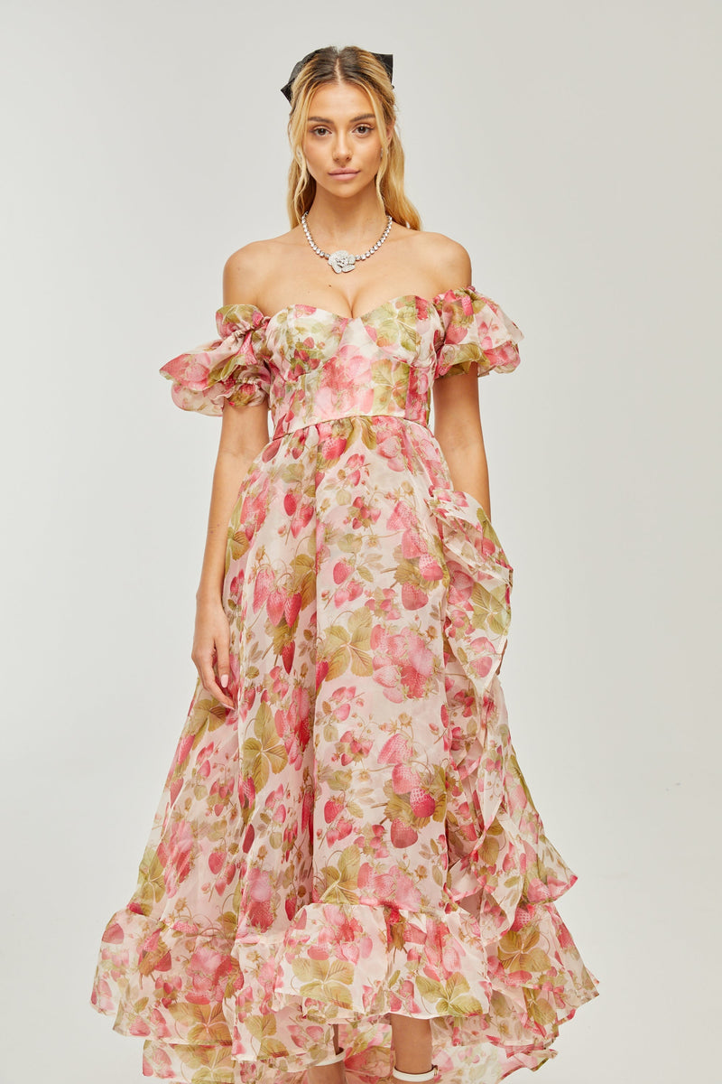 FRUIT-PRINT RUFFLED MAXI DRESS IN PINK