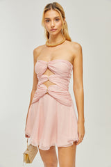 CUT-OUT PLEATED OFF-SHOULDER MINI DRESS IN PINK