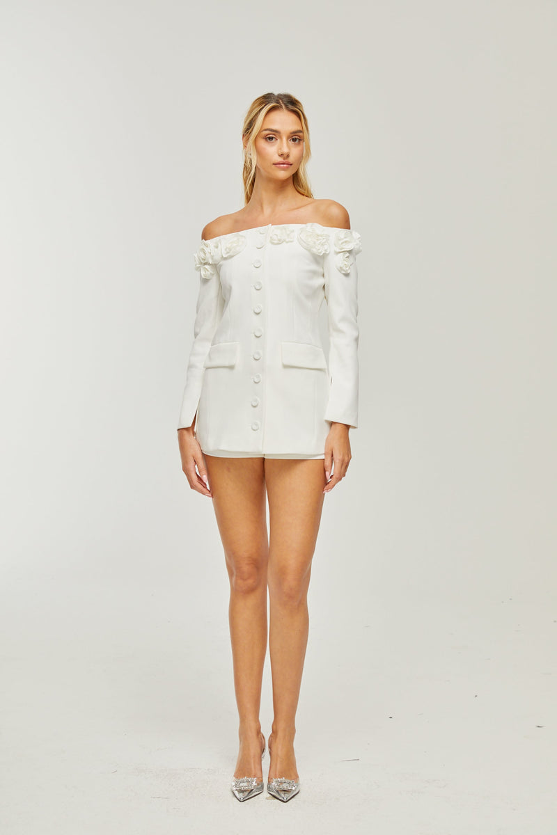 JEANNE FAUX-FLOWER BLAZER DRESS SET IN WHITE