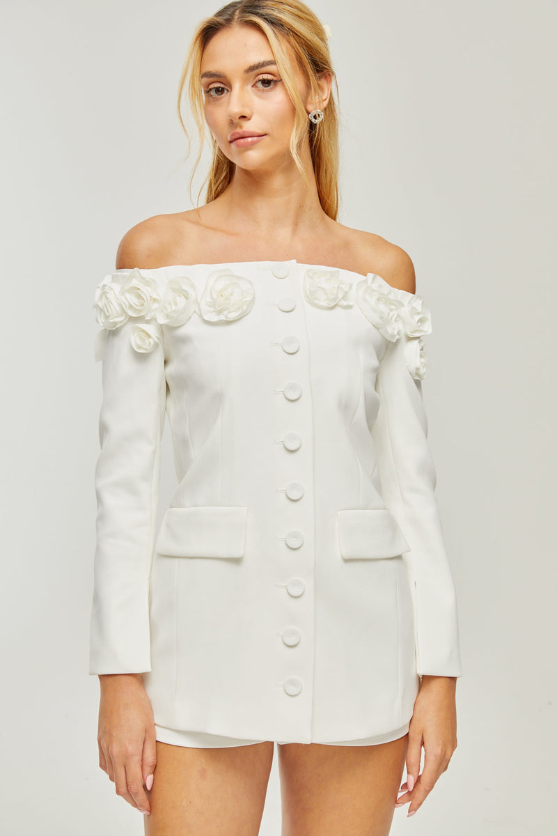 JEANNE FAUX-FLOWER BLAZER DRESS SET IN WHITE