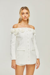 JEANNE FAUX-FLOWER BLAZER DRESS SET IN WHITE