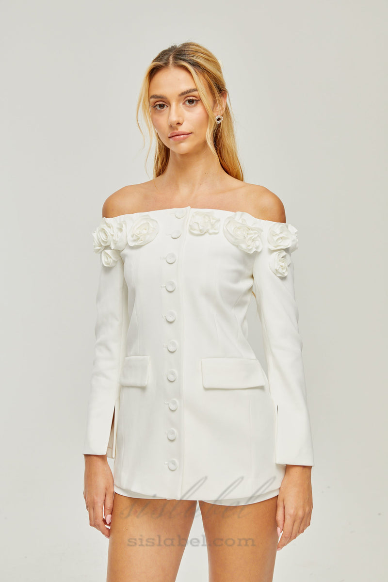 JEANNE FAUX-FLOWER BLAZER DRESS SET IN WHITE