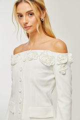 JEANNE FAUX-FLOWER BLAZER DRESS SET IN WHITE