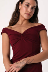 Behold My Love Burgundy Off-The-Shoulder Twist-Front Maxi Dress