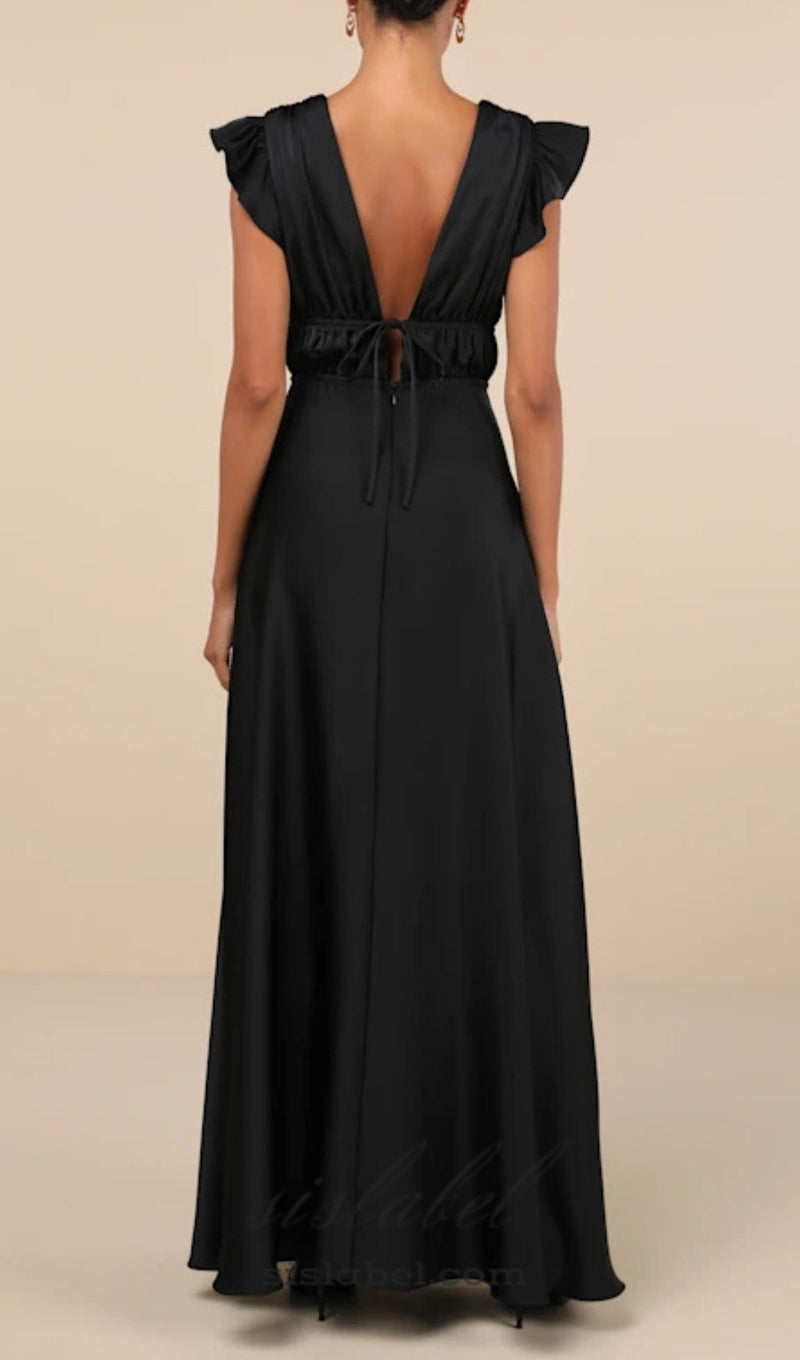 SATIN CUTOUT RUFFLED MAXI DRESS