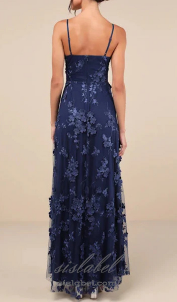 Rare Presence Navy Blue 3D Floral Surplice Maxi Dress