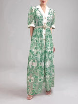 V NECK SPLICED BELTS EMBROIDERY MIDI DRESS IN GREEN