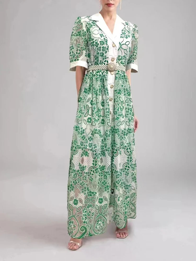 V NECK SPLICED BELTS EMBROIDERY MIDI DRESS IN GREEN