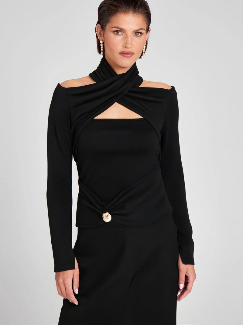 Odette black ruched stretch-jersey top