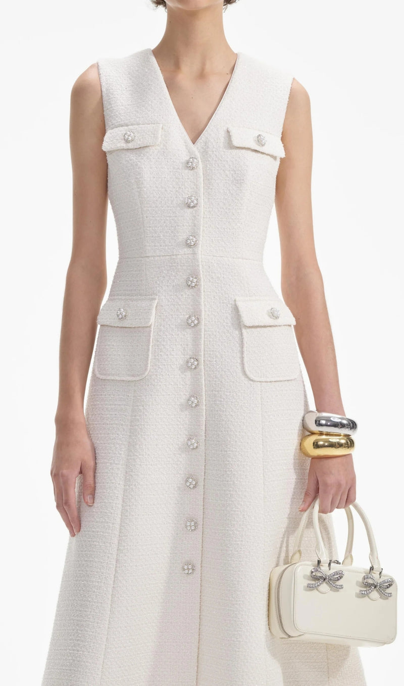 CREAM TINSEL BOUCLE BUTTONED MIDI DRESS