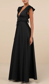 SATIN CUTOUT RUFFLED MAXI DRESS