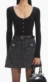 BLACK TEXTURED DENIM MINI SKIRT