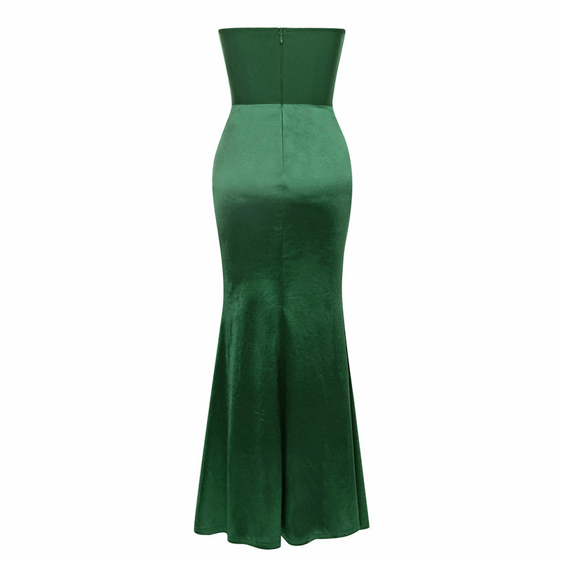 HARRIET GREEN RUCHED BODYCON STRAPLESS MAXI DRESS