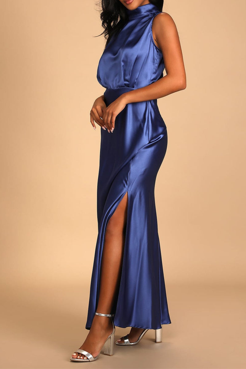 Blue Satin Sleeveless Mock Neck Maxi Dress