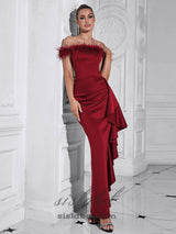 Draped Sheath feather detail maxi Dress in red