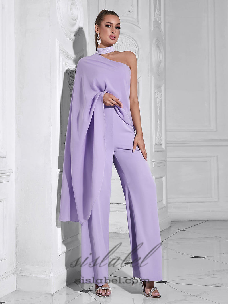 halter shawl jumpsuit in purple