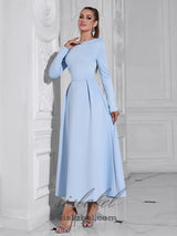 long sleeve satin a-line maxi dress in blue