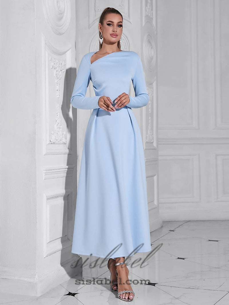 long sleeve satin a-line maxi dress in blue