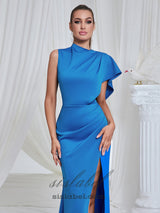 pleated high slit maxi dress in blue