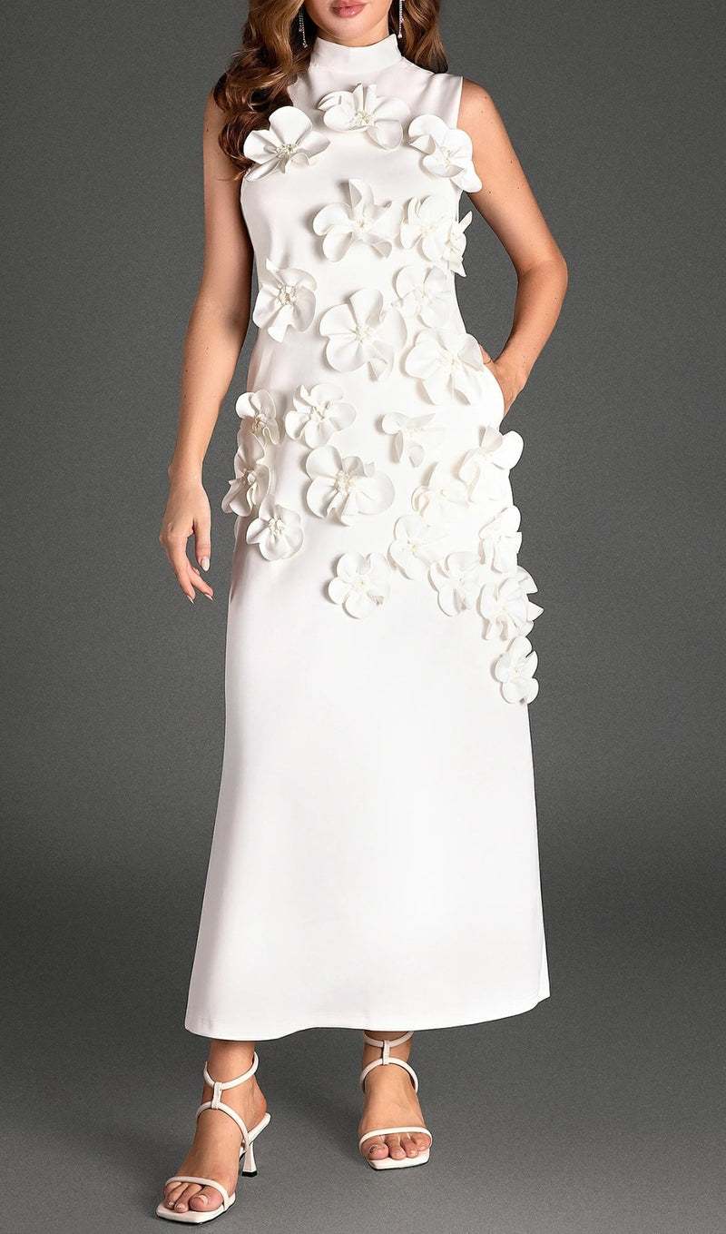 ANNONA WHITE FLOWER EMBELLISHED MAXI DRESS