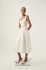 sweetheart neckline belted midi dress in ivory