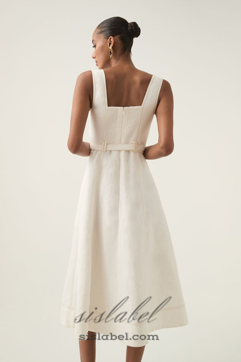 sweetheart neckline belted midi dress in ivory