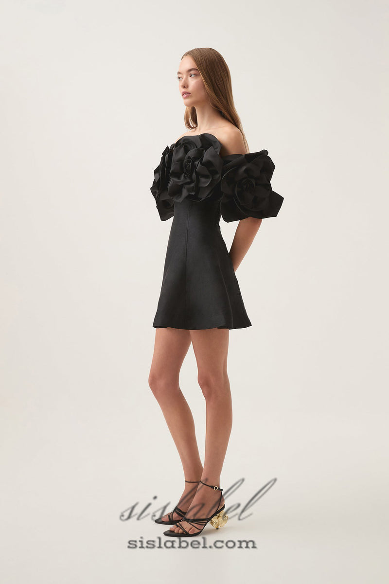 Etta flower strapless mini dress in black