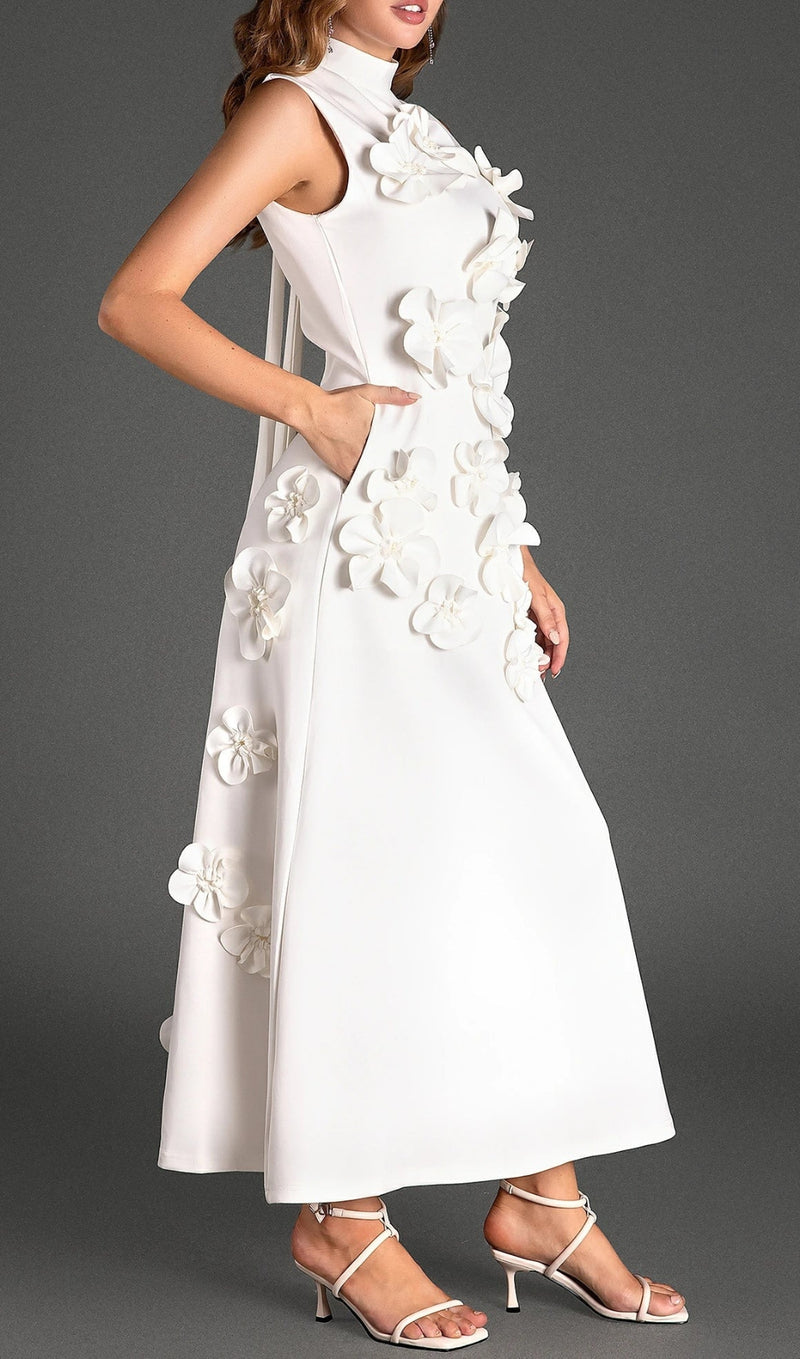 ANNONA WHITE FLOWER EMBELLISHED MAXI DRESS