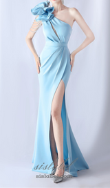 DEBBY BLUE ONE SHOULDER FLOWER CUT OUT SLIT MAXI DRESS