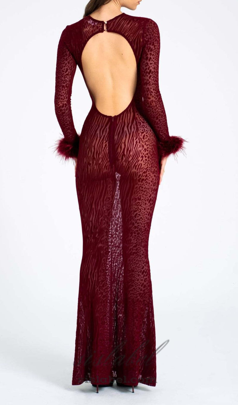 burgundy mesh feather maxi dress