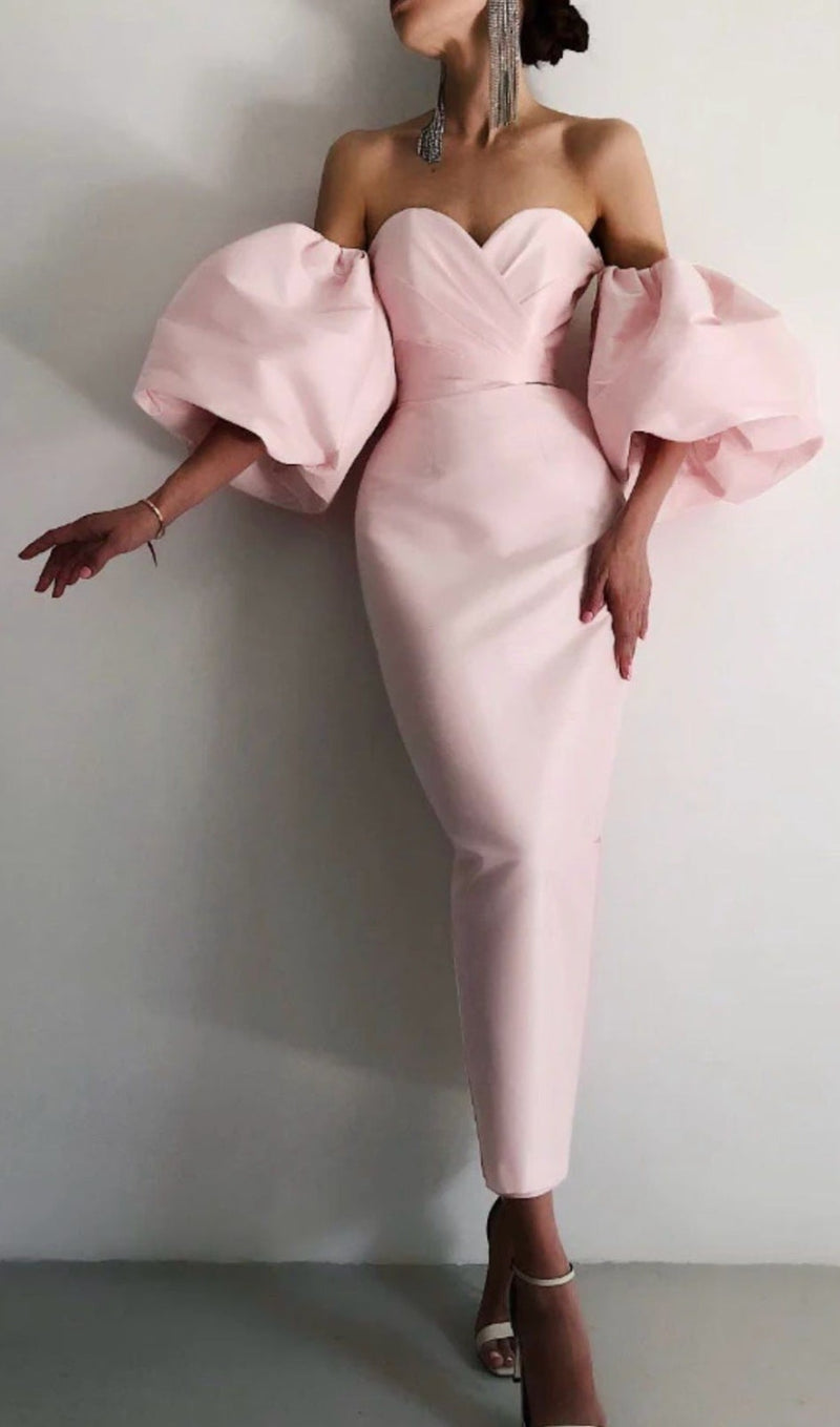 Puff Sleeve Satin Midi Dress In Pink