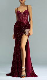 lace corset sequin maxi dress in red