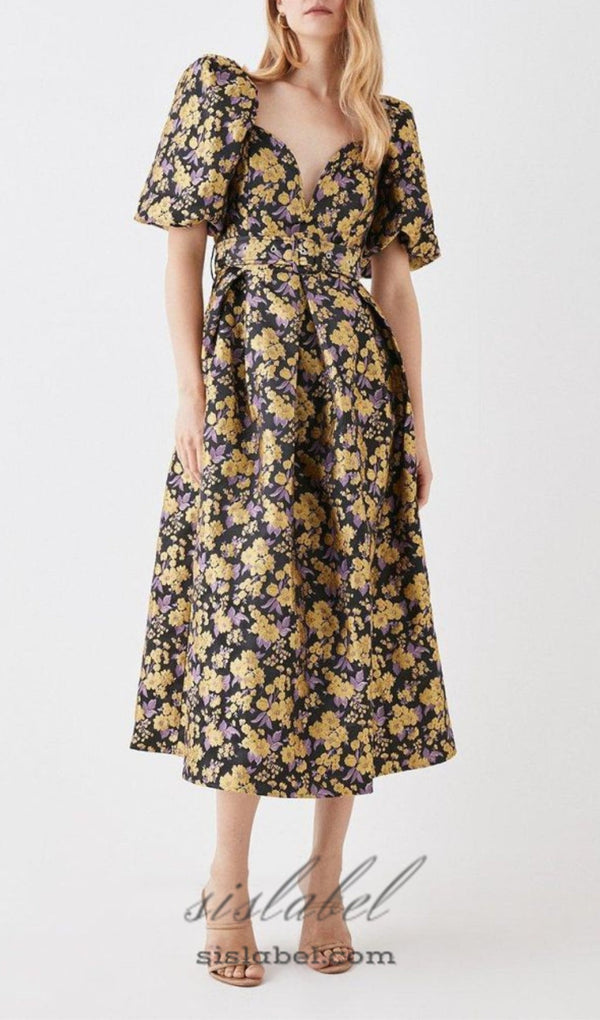 FLORAL JACQUARD PUFF SLEEVE DRESS