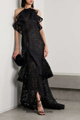 LYNN GARDENIA GUIPURE LACE RUFFLE GOWN IN BLACK